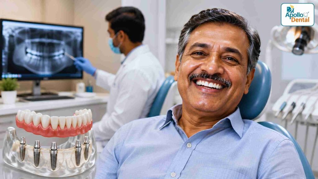 Dental implants for full mouth rehabilitation showing implant placement, bone fusion and tooth restoration in Nallakunta Hyderabad