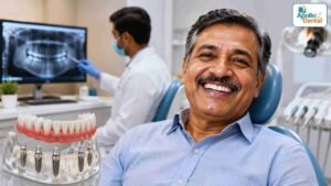 Dental implants for full mouth rehabilitation showing implant placement, bone fusion and tooth restoration in Nallakunta Hyderabad